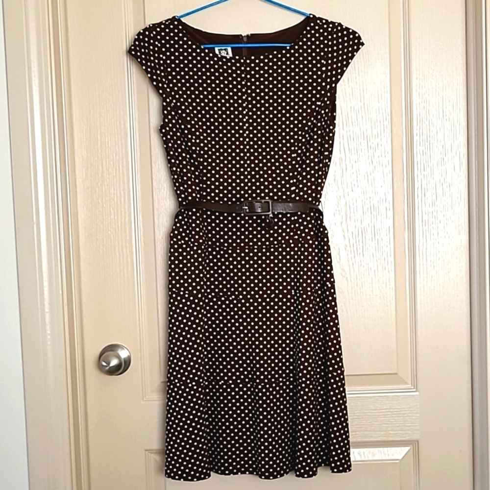 Anne Klein Brwon Polka Dot Dress with Belt, Size 4, Petite size